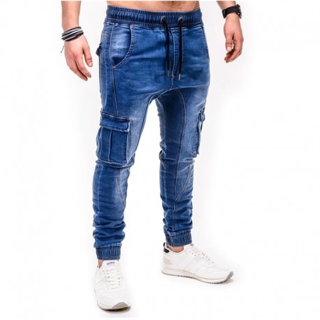 Calça Jeans Fino Jogger Cargo Bolso Lateral Moderno Cintura Elástica Estilo Hyper Masculino