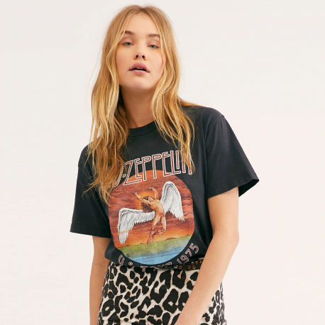 Camiseta Estampada Banda Led Zeppelin Fashion Básica Elástica Decote O Estilo Outono Feminina