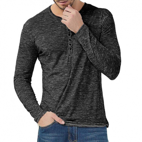 Camiseta Gola Henley Manga Longa Masculina Estilo Outono Casual Básica Elástica Confortável