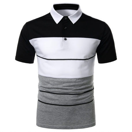 Camisa Gola Polo Estampa Color Block com Listras Preta Manga Curta Estilo Formal Masculina