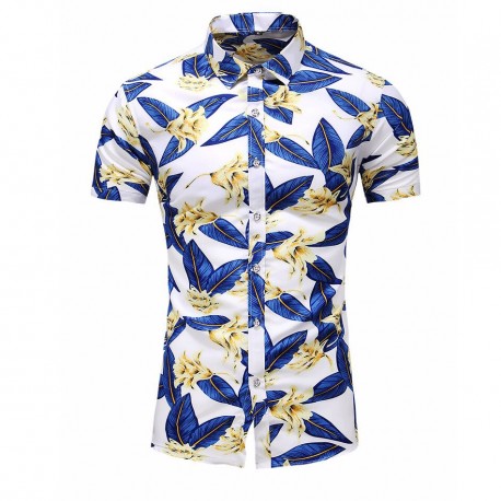 Camisa Praia Estampa Floral com Folhagens Azul Manga Curta Moderno Estilo Verão Masculino