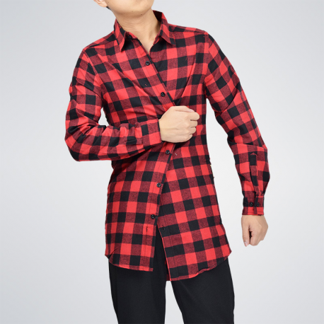 Camisa Xadrez Vermelha Masculina com Zipper Lateral Estilo Streetwear Moderno Manga Longa