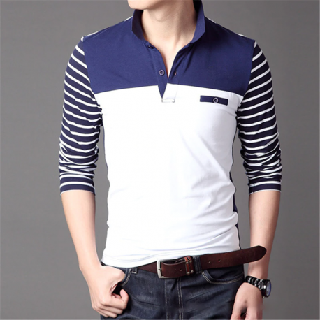 Camisa Gola Polo Estampa Color Block com Manga Longa Listrada Moda Elegante Estilo Masculino