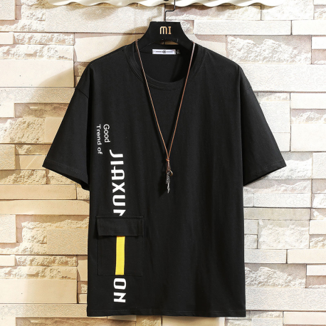 Camiseta Estampada Masculina com Bolso Elástica Estilo Streetwear Moda Hip Hop Confortável