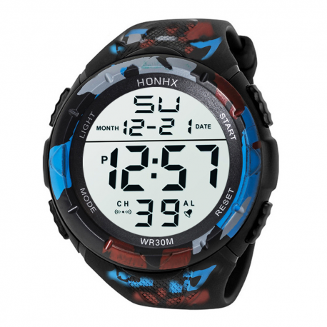 Relógio Digital com LED Esportivo Estilo Militar Camuflado Cronômetro Á prova d´Água com Alarme e Data