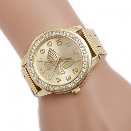 Relógio Quartzo Dourado de Luxo Analógico Pulseira Aço inoxidável Mostrador Borboleta Diamante