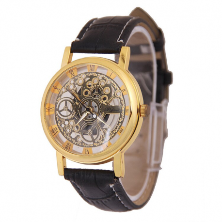 Relógio Quartzo de Luxo Esquelético Dourado Pulseira de Couro Estilo Elegante Formal Moderno