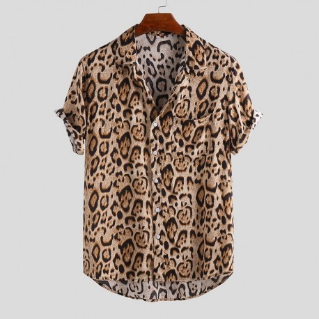 Camisa Masculina Estampa Leopardo Moda Praia Férias Estilo Verão Casual com Bolso Confortável