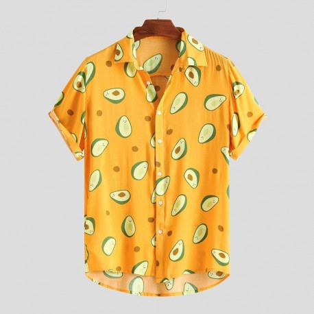 Camisa Verão Moda Praia Estilo Masculino Estampa Frutas Casual Fashion Manga Curta Botão Confortável