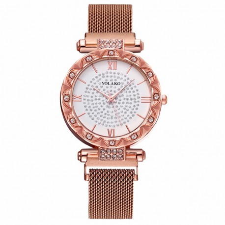 Relógio de Ouro Feminina Quartzo Elegante de Luxo com Caixa Diamantado Algarismo Romano Moderno