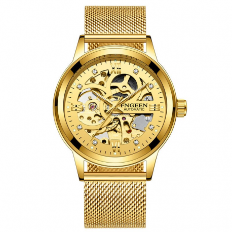 Relógio de Ouro Esquelético Luxo Quartzo Analógico com Ponteiros Neon Algarismo Romano Cristais