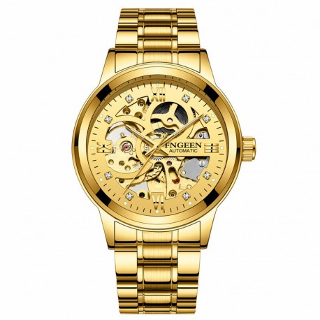 Relógio de Ouro Analógico Esquelético Quartzo de Luxo Formal Ponteiros Neon Elegante Masculino