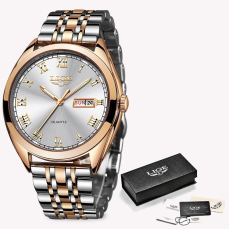 Relógio de Prata Feminino Quartzo Elegante de Luxo Formal Data Automática Pulseira Aço Inoxidável