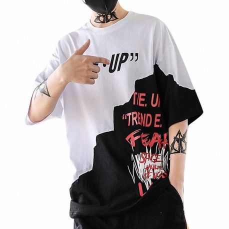 Camiseta Streetwear Masculina Estampada Color Block com Estilo Hip Hop Moderno Casual Macia