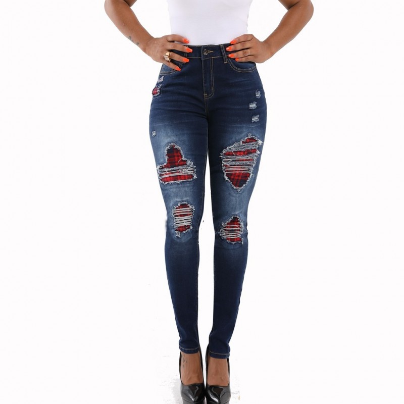 Calça Jeans Feminina Rasgada Destroyed Xadrez Bolso com Cintura Alta Estilo  Casual Confortável