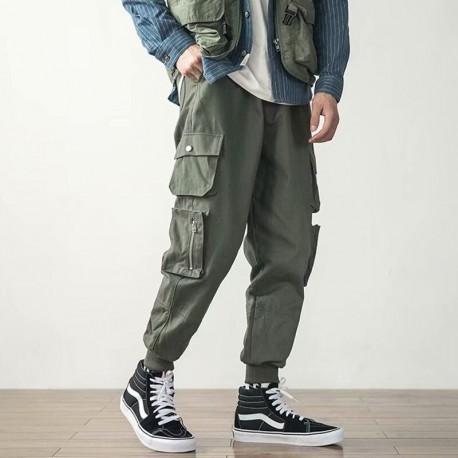 Calça Jogger Harém Masculina Estilo Streetwear com Multi-Bolsos Ziper Lateral Cintura Elástica