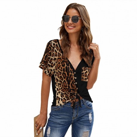 Blusa Feminina com Decote V Botão Solta Sexy com Estampa Leopardo Color Block Moda Casual Verão