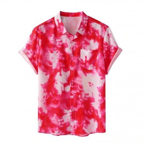 Camisa Verão Masculina com Estampa Tie Dye Manga Curta Bolso Moda Praia Lazer Casual Fashion