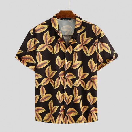Camisa Viscose Masculina Moda Verão Tropical com Estampa Folhagens Estilo Havaiano Confortável