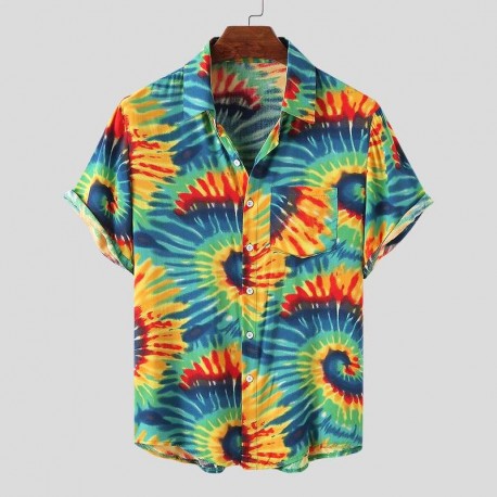 Camisa Viscose Masculina com Estampa Tie Dye Manga Curta Respirável Moda Praia Casual Lazer