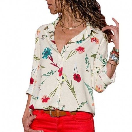 Camisa Feminina Elegante com Estampa Floral Decote em V Moderna