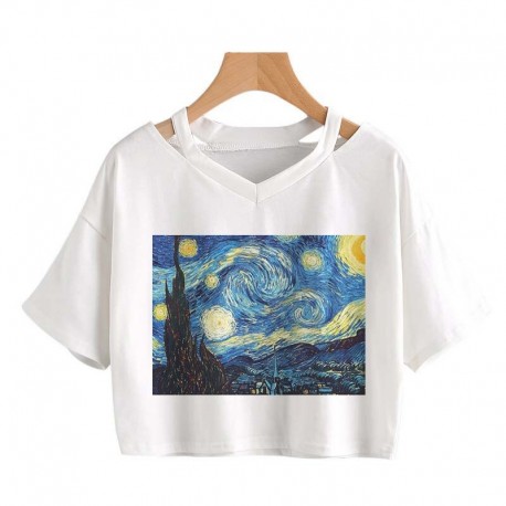 Blusa Cropped Feminina Estampada Van Gogh com Manga Curta Moderna Básica Simples Decote V Macia