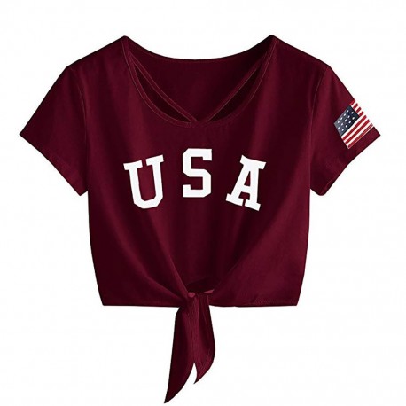 Blusa Feminina Curta Cropped com Laço Estampada Bandeira Americana com Manga Curta Decote V