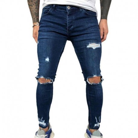 Calça Jeans Skinny Masculina com Rasgos nos Joelhos Puídos Bolso Justa com Estilo Hyper Fashion