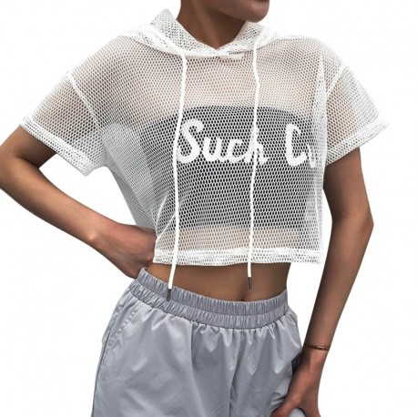 Blusa Cropped com Capuz Transparente Curta Respirável Moderna com Estilo Gótico Feminino Sexy