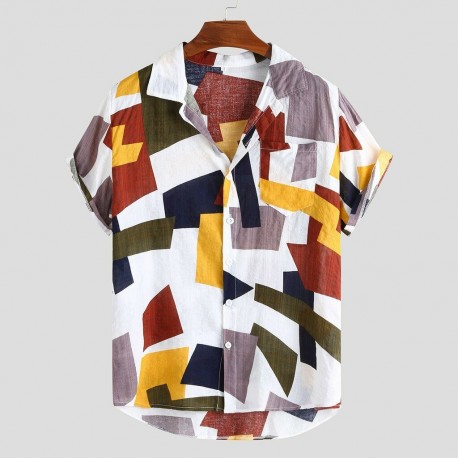 Camisa Viscose Masculina Básica com Estampa Geométrica com Bolso Moda Praia Casual Férias Lazer
