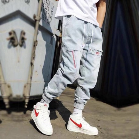 Calça Jeans Brim com Estilo Jogger Streetwear Hip Hop Solta Elástica Moda Masculina Fashion