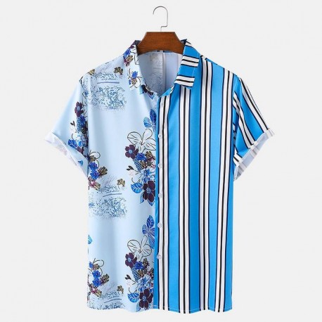 Camisa Floral Masculina com Listras Verticais Estampada em Color Block Estilo Verão Praia