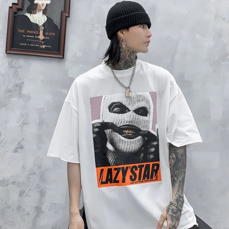 Camiseta Hyper Masculina Básica Estampada Lazy Star Macia Moda Hip Hop Solta Manga Curta Fashion