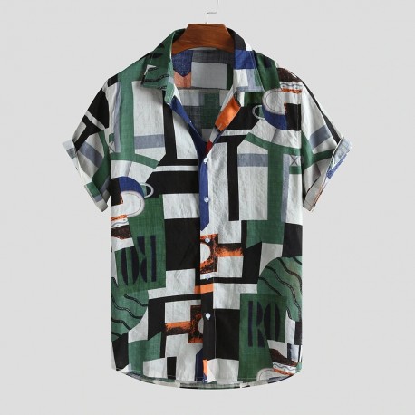 Camisa Geométrica Havaiana Moda Masculina com Estampa em Color Block Gola Viscose Confortável