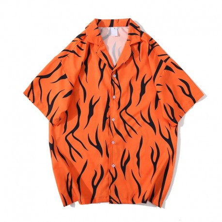 Camisa Masculina Estampada Animal Print Tigre Bolso Manga Curta com Gola Viscose Estilo Hyper