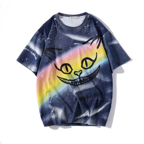 Camiseta Tie Dye Colorido Arco-Íris Estampado O Gato de Cheshire Alice Estilo Solto Hip Hop