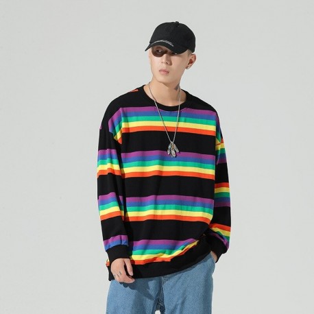 Blusão em Moletom Listrado Colorido com Estilo Oversized Streetwear Moda Inverno Confortável