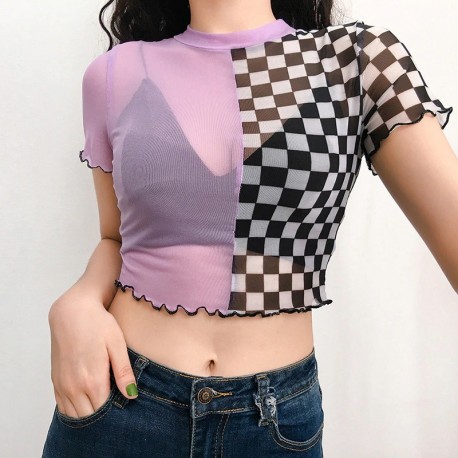 Cropped Curto Estampado Xadrez em Color Block Transparente Desfiado Estilo Festas Sexy Feminina