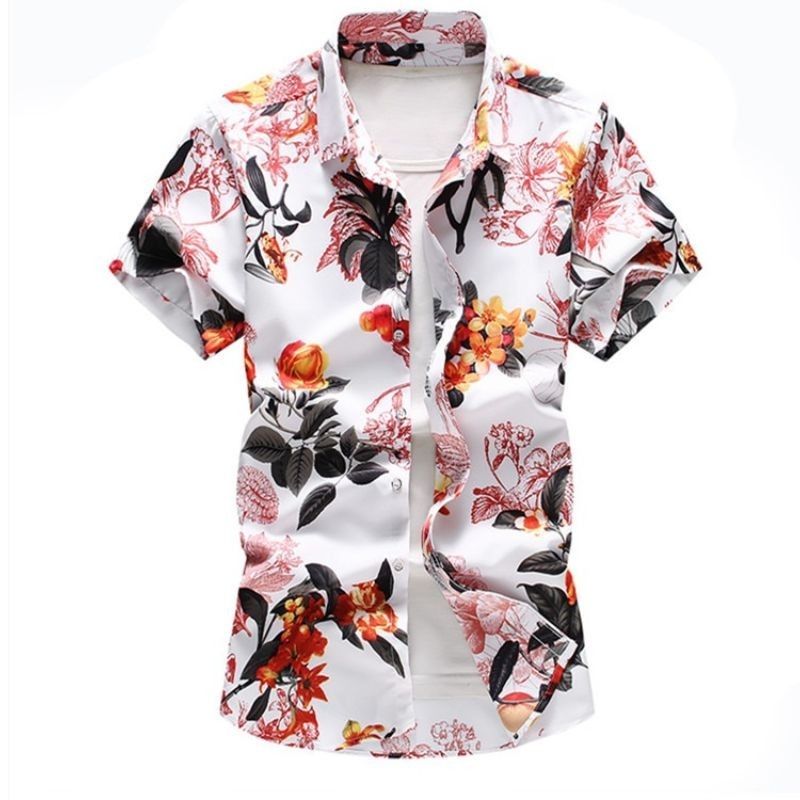 Camisa Havaiana Manga Curta Com Estampa de Folhagens Casual de Praia