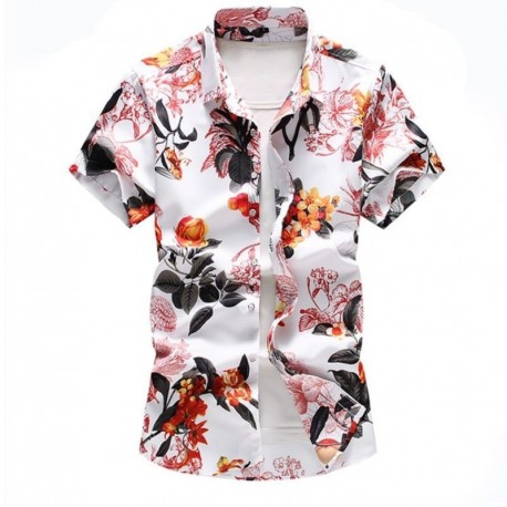 Camisa Havaiana Manga Curta Com Estampa de Folhagens Casual de Praia
