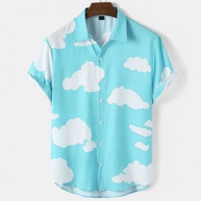 Camisa Havaiana Com Estampa de Nuvem Casual de Verão Manga Curta