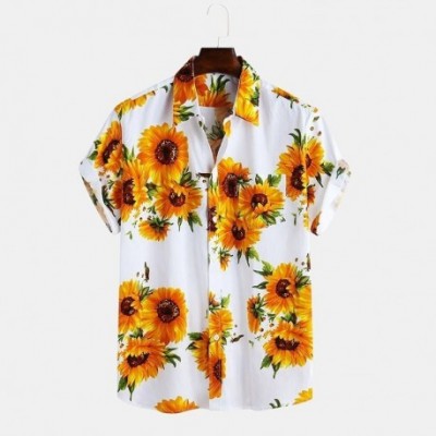 Camisa Havaiana Com Estampa de Girassol Flores de Manga Curta