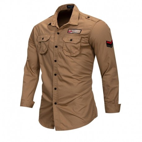 Camisa Militar Gola Polo Casual Manga Longa Com Botões Estilo Safari