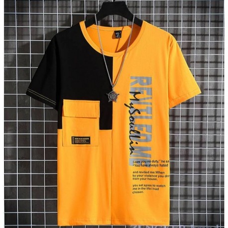 Camiseta  Estampada Letra Color Block Com Bolso Estilo Streetwear Confortável