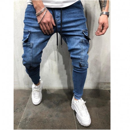 Calça Jeans Moderna Cintura Elástica Casual Bolso na Lateral Masculina