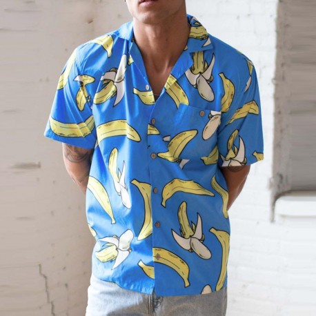 Camisa Praia Estampa Bananas Moda Verão Casual Masculina Bolso