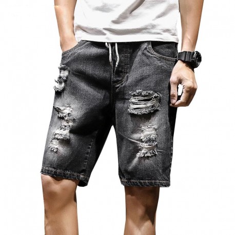 Bermuda Jeans com Rasgos Amarração Estilo Hip Hop Casual Masculina