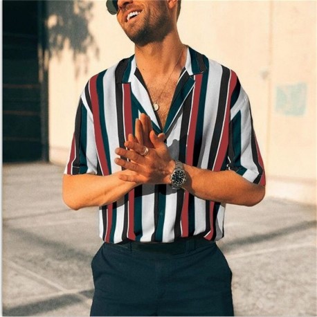 Camisa Praia Listrado Fashion com Botão Estilo Verão Confortável Masculino Dia a Dia