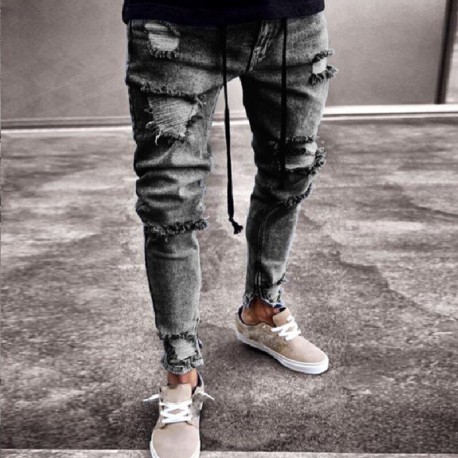 Calça Jeans Fashion com Rasgos Justa Estilo Casual Hip Hop Confortável Masculino