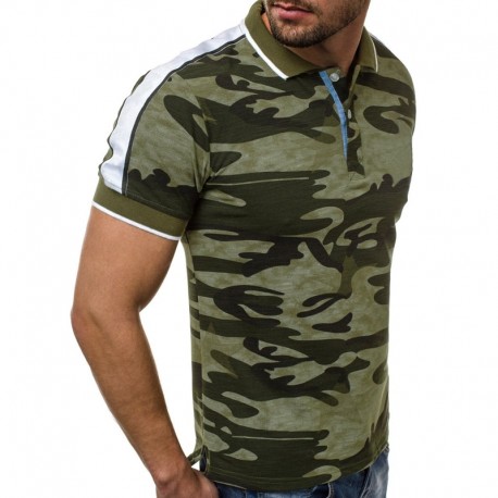 Camisa Polo Camuflada Estilo Militar Elegante Listras Lateral Dia a Dia Masculina